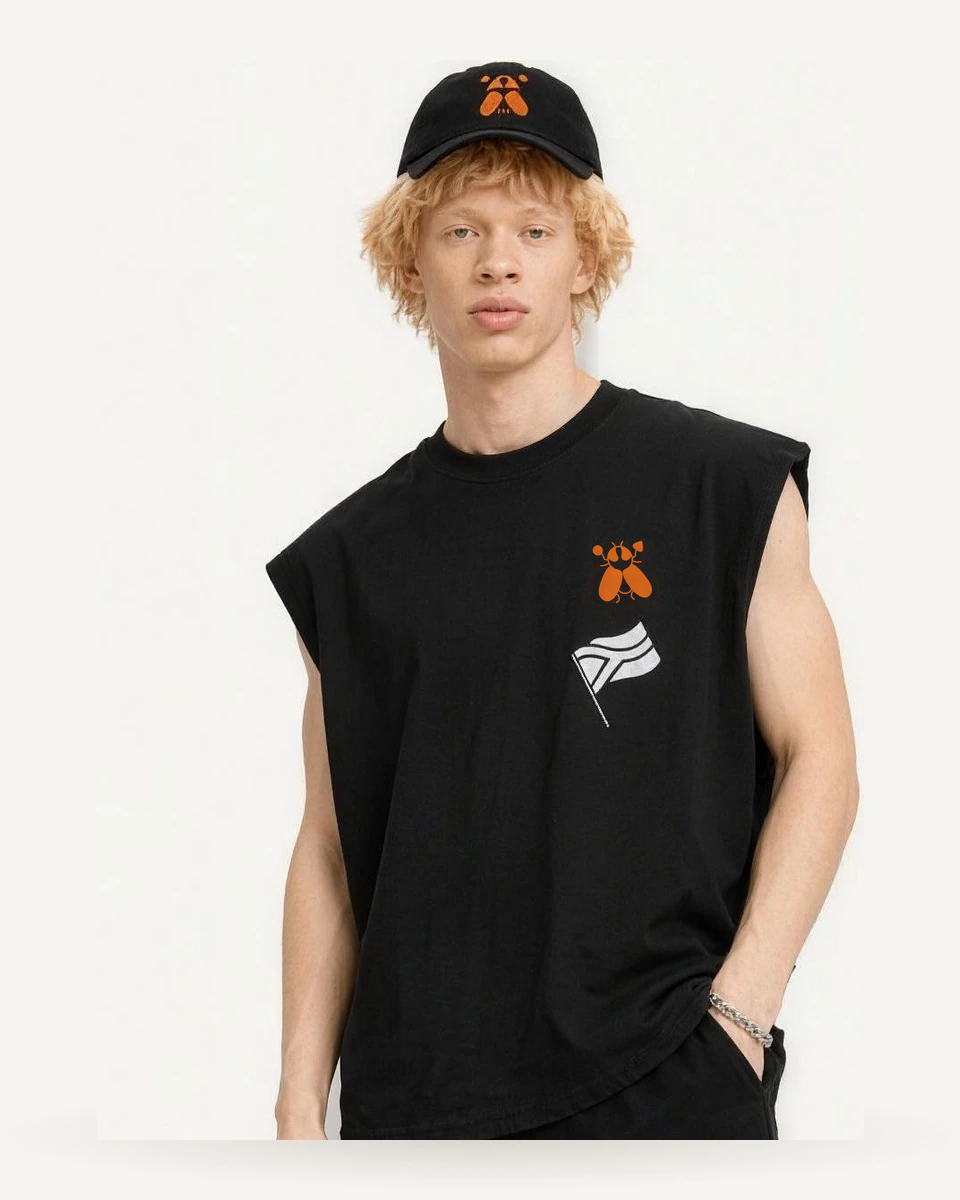 SACXESS Tank Top worn with the SACXESS shorts and cap.